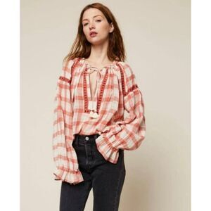 Free People Red and White Plaid Puff Sleeve Blouse Top Size Small